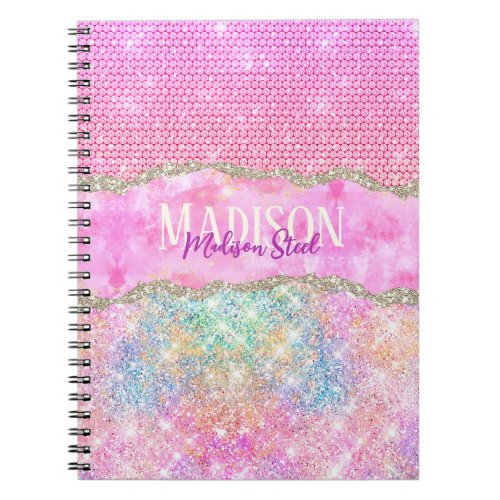 Elegant unicorn pink glitter rhinestone monogram notebook