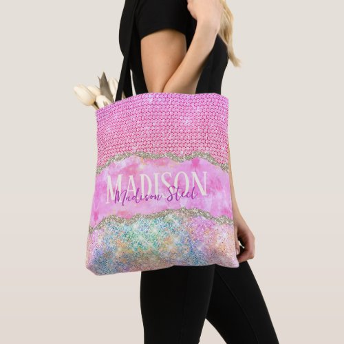 Elegant unicorn pink glitter rhinestone monogram tote bag