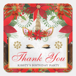 Elegant Unicorn Poinsettia Birthday Favor Square Sticker