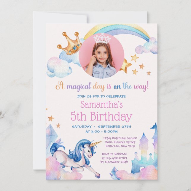 Elegant unicorn rainbow diamonds crown birthday in invitation (Front)