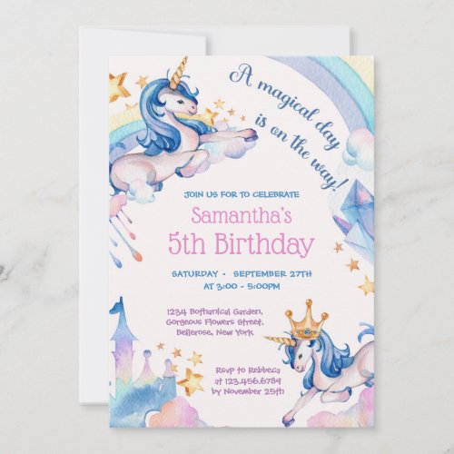 Elegant unicorn rainbow diamonds crown birthday invitation