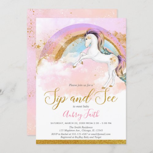 Elegant unicorn sip and see girl pastel rainbow invitation