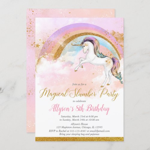 Elegant unicorn slumber party birthday pink gold invitation