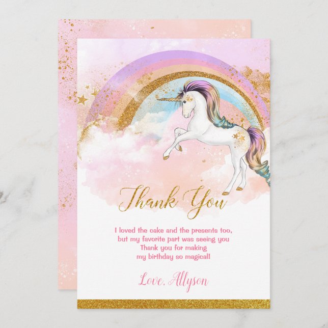 Elegant unicorn thank you cards pink gold rainbow (Front/Back)