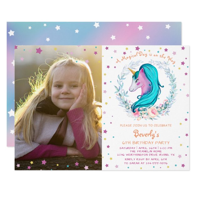 Elegant Unicorn Watercolor Floral Photo Birthday Card
