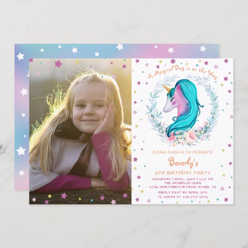 Elegant Unicorn Watercolor Floral Photo Birthday Invitation