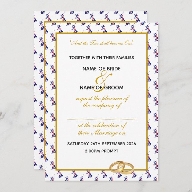 Elegant UNION JACK UK with Gold Script Wedding Invitation (Front/Back)