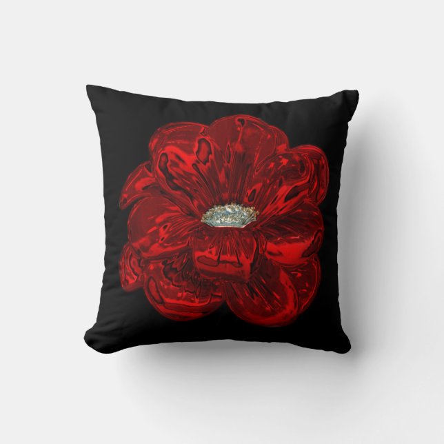 Elegant Unique Black Bloomed Red Rose Throw Pillow (Front)