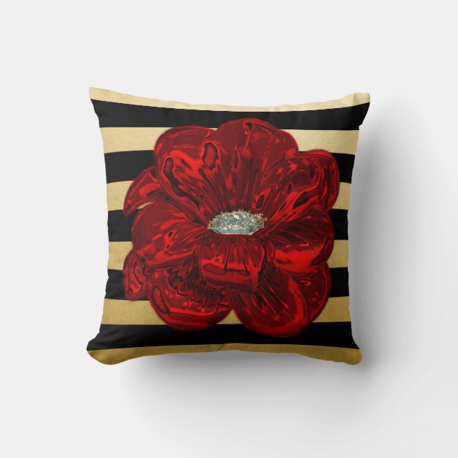 Elegant Unique Black Gold Bloomed Red Rose Throw Pillow (Front)