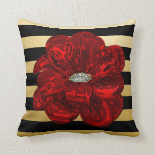 Elegant Unique Black Gold Bloomed Red Rose Throw Throw Pillow
