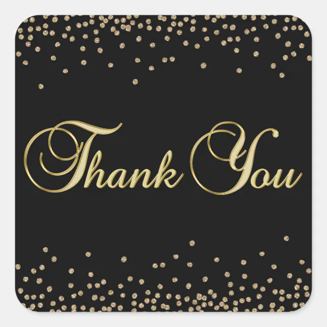 Elegant Unique Black Gold Confetti Thank You Square Sticker | Zazzle