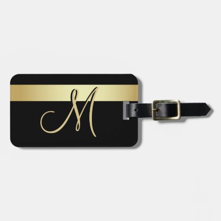 Elegant Unique Black Gold Monogram Letter Initial Luggage Tag