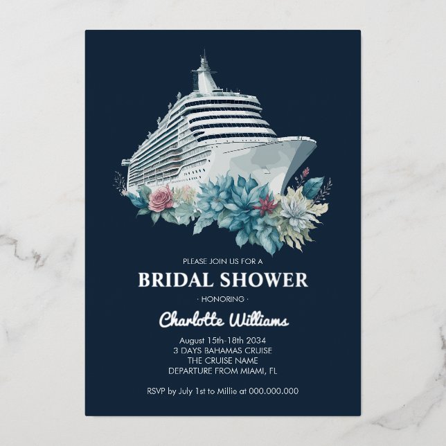 Elegant Unique Bridal Shower Cruise Ship Silver Foil Invitation (Front)