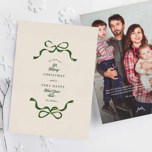 Elegant Unique Christmas Bows Cream  Green Photo Foil Holiday Card