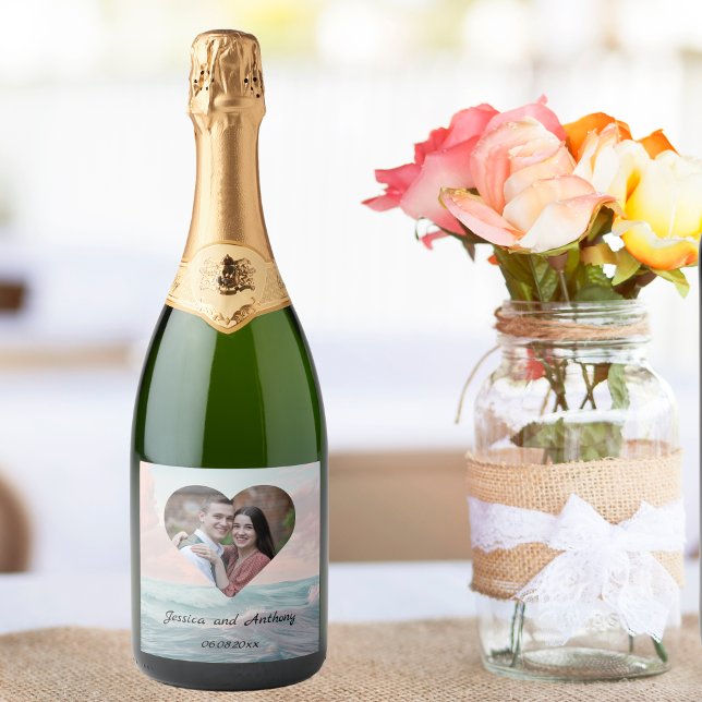 Elegant Unique Coastal Beach Wedding Photo Sparkling Wine Label (Creator Uploaded)