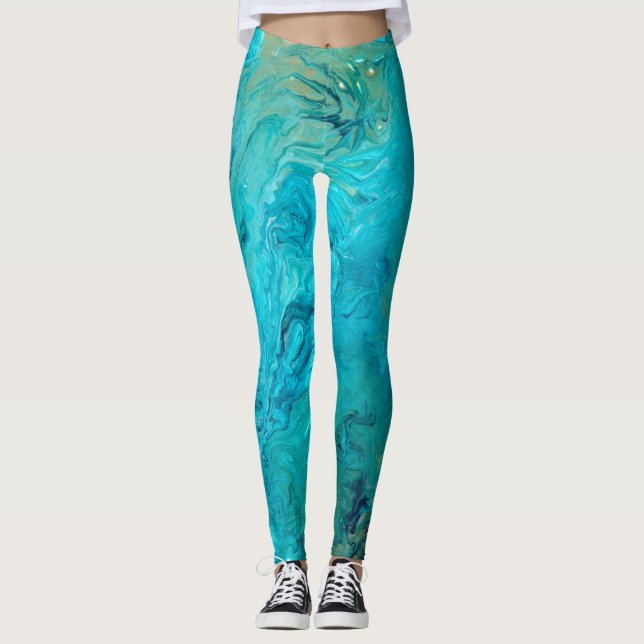 Elegant unique emerald blue abstract design  leggings (Front)