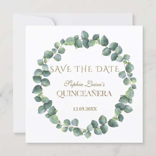 Elegant Unique Eucalyptus Foliage Gold Quinceaera Save The Date