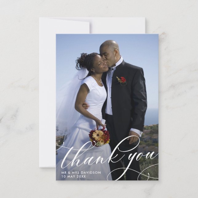 elegant unique handwritten script wedding photo thank you card (Front)