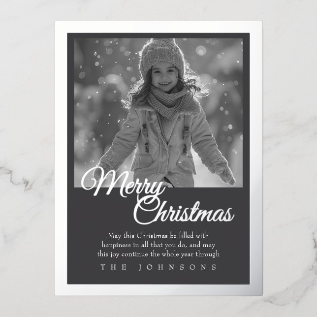 Elegant Unique Modern Photo Merry Christmas Silver Foil Holiday Postcard (Front)