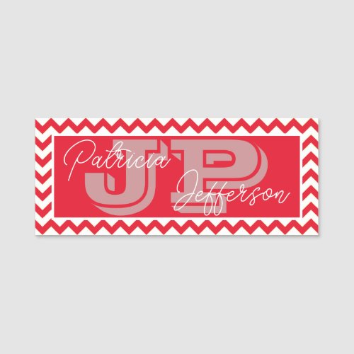 Elegant Unique Monogram Cherry Red Chevron Pattern Name Tag