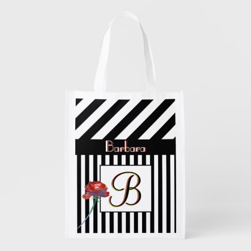 Elegant Unique Monogram Name Black White Stripes  Grocery Bag