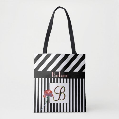 Elegant Unique Monogram Name Black White Stripes Tote Bag