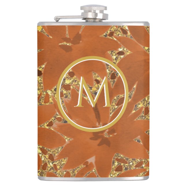 Elegant Unique Monogrammed Gold Sparkle Flask (Front)