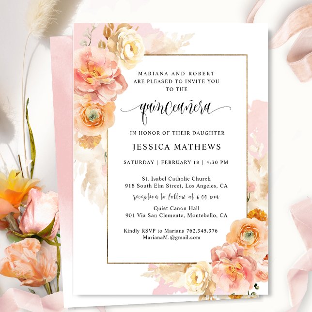 Elegant, Unique Pink Watercolor Floral Quinceañera Invitation (Creator Uploaded)