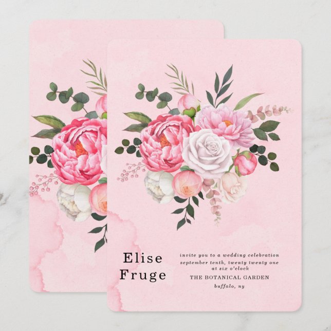 Elegant Unique Pink White PeonY Wedding Invitation (Front/Back)