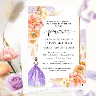 Elegant, Unique Purple Floral Princess Quinceañera Invitation