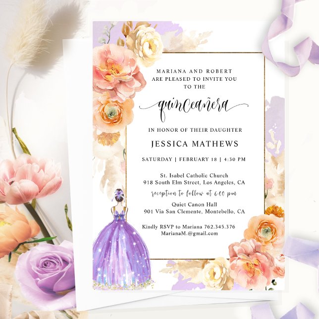 Elegant, Unique Purple Floral Princess Quinceañera Invitation (Creator Uploaded)