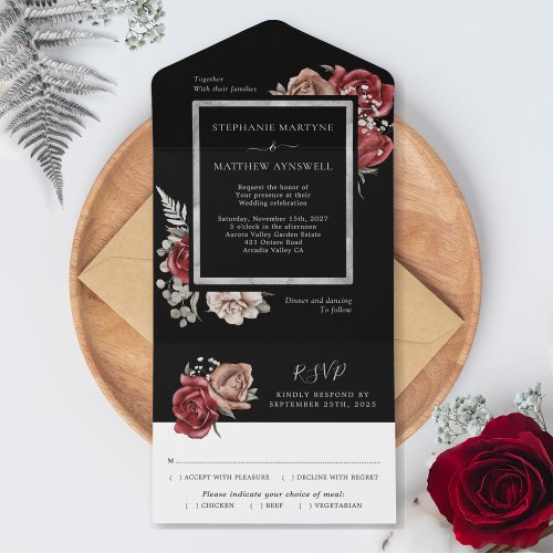 Elegant Unique Red Rose Botanical Wedding Black All In One Invitation