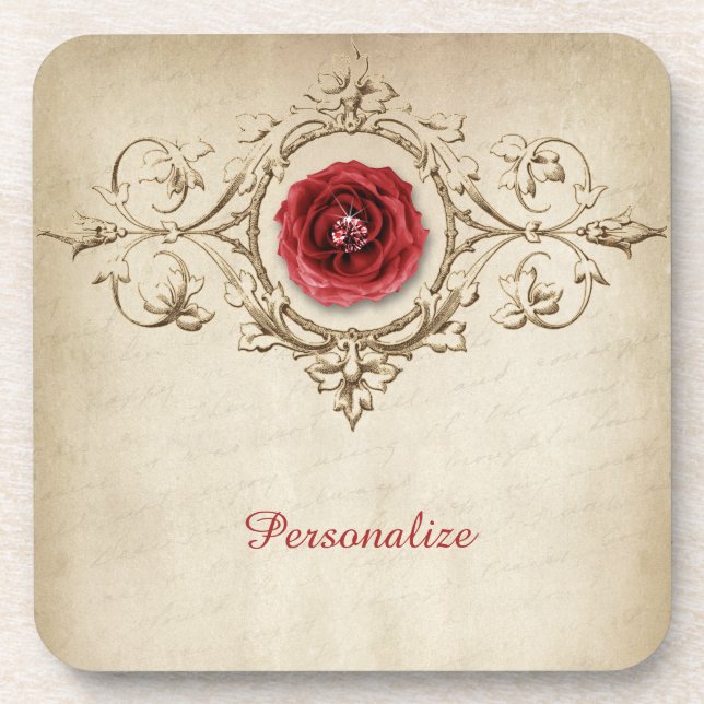 Elegant & Unique Red Rose & Diamond Personalized Beverage Coaster (Front)