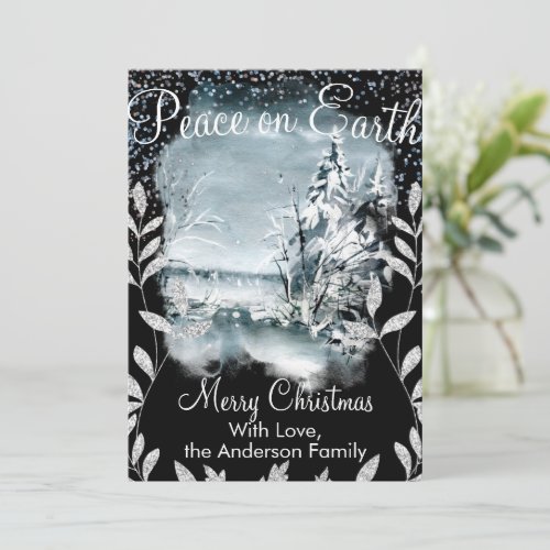 Elegant Unique Snowy Night Nature Glitter Snow Holiday Card