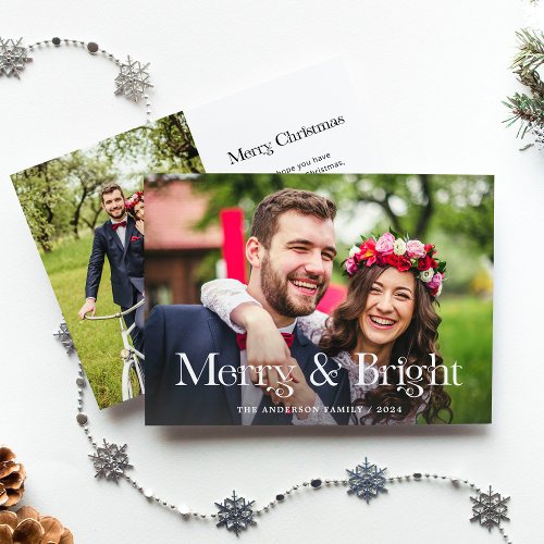 Elegant Unique Text  Two Photo Merry and Bright Holiday Card