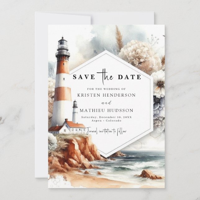 Elegant Unique Waves Lighthouse Wedding Save The Date (Front)