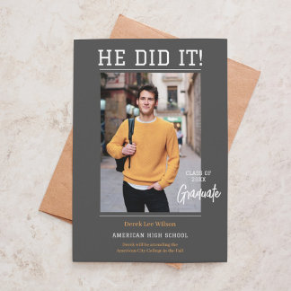 Elegant Unisex "He did it" Photo Graduation Invitation