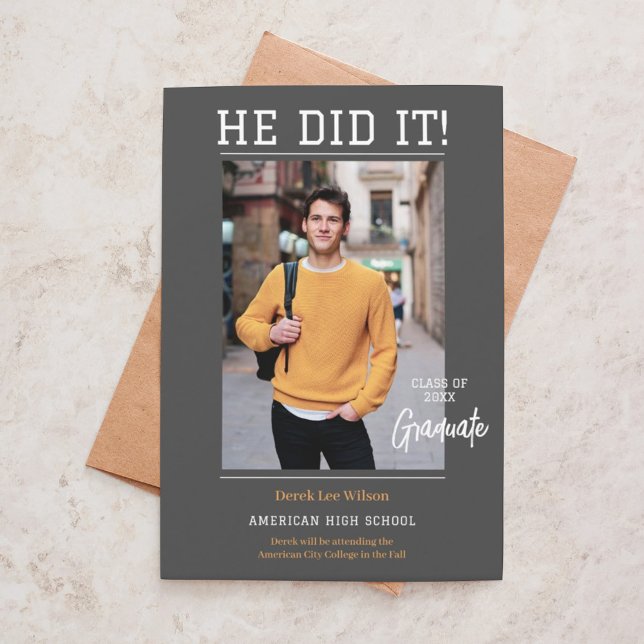 Elegant Unisex "He did it" Photo Graduation Invitation (Creator Uploaded)