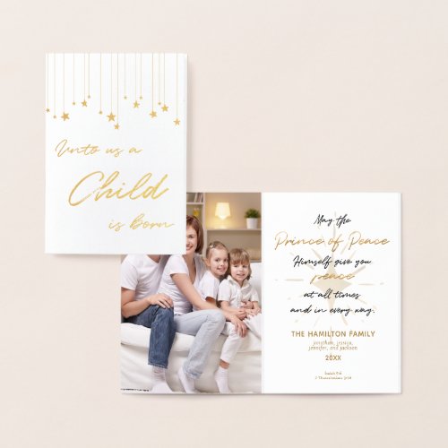 Elegant Unto Us A Child is Born Gold Christmas Foil Card