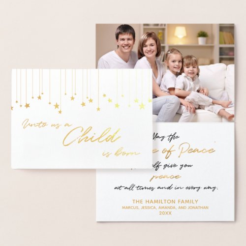 Elegant Unto Us A Child is Born  Gold Christmas Foil Card