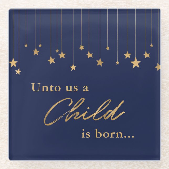 Elegant Unto Us Child is Born Gold Blue Christmas Glass Coaster (Front)