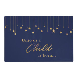 Elegant Unto Us Child is Born Gold Blue Christmas Placemat