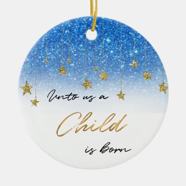Elegant Unto Us Scripture Blue Glitter 2 Photo Ceramic Ornament (Front)