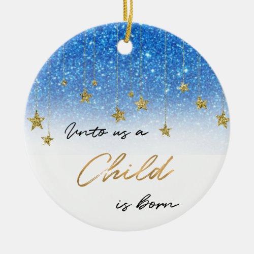 Elegant Unto Us Scripture Blue Glitter Christmas Ceramic Ornament