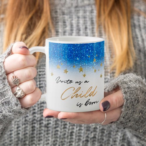 Elegant Unto Us Scripture Blue Glitter Christmas Coffee Mug
