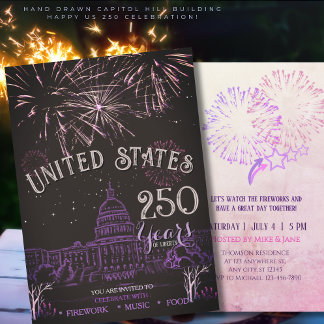 Elegant US 250 Years Firework Purple Capitol Hill Invitation