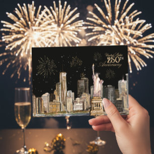 Elegant US 250th Birthday NYC Gold Firework Invitation