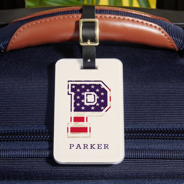 Elegant USA Flag Monogram P Luggage Tag (Front Insitu 2)
