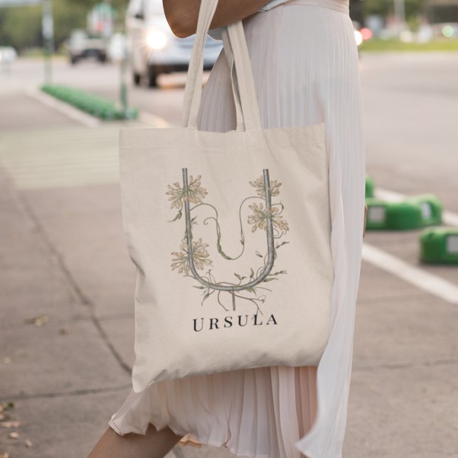 Elegant Uva Ursi Flowers 'U' Monogram Custom Name Tote Bag (Creator Uploaded)