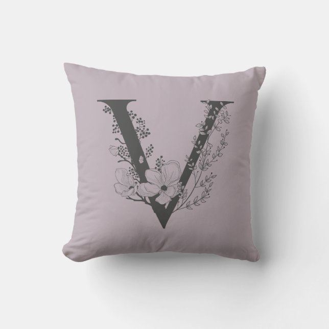 Elegant V Boho Floral Monogram Initial Lilac Gray Throw Pillow (Front)